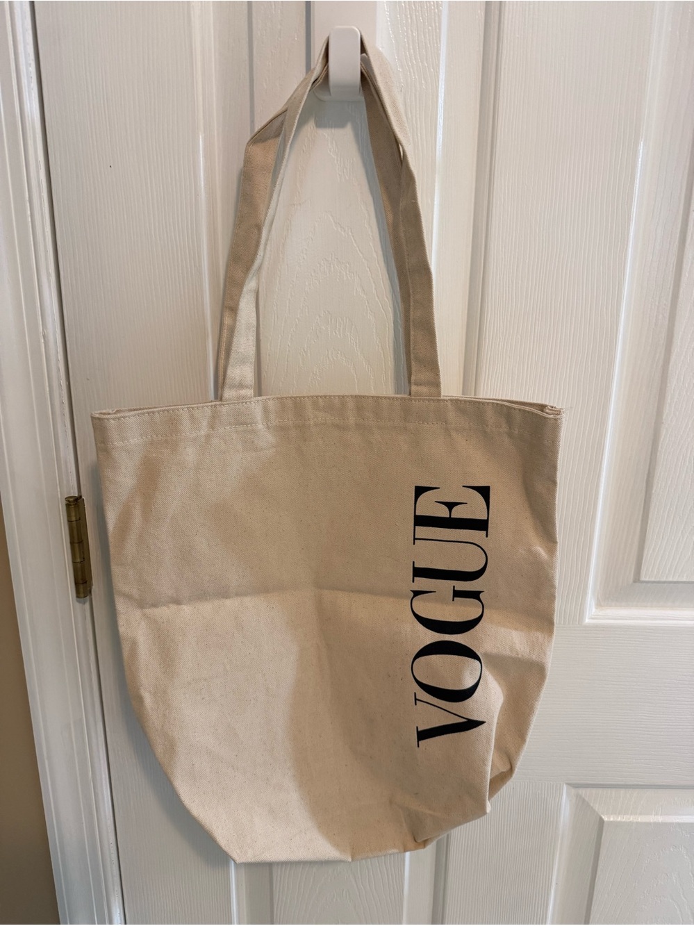 Vogue Beige Canvas Tote with Vertical Black Logo